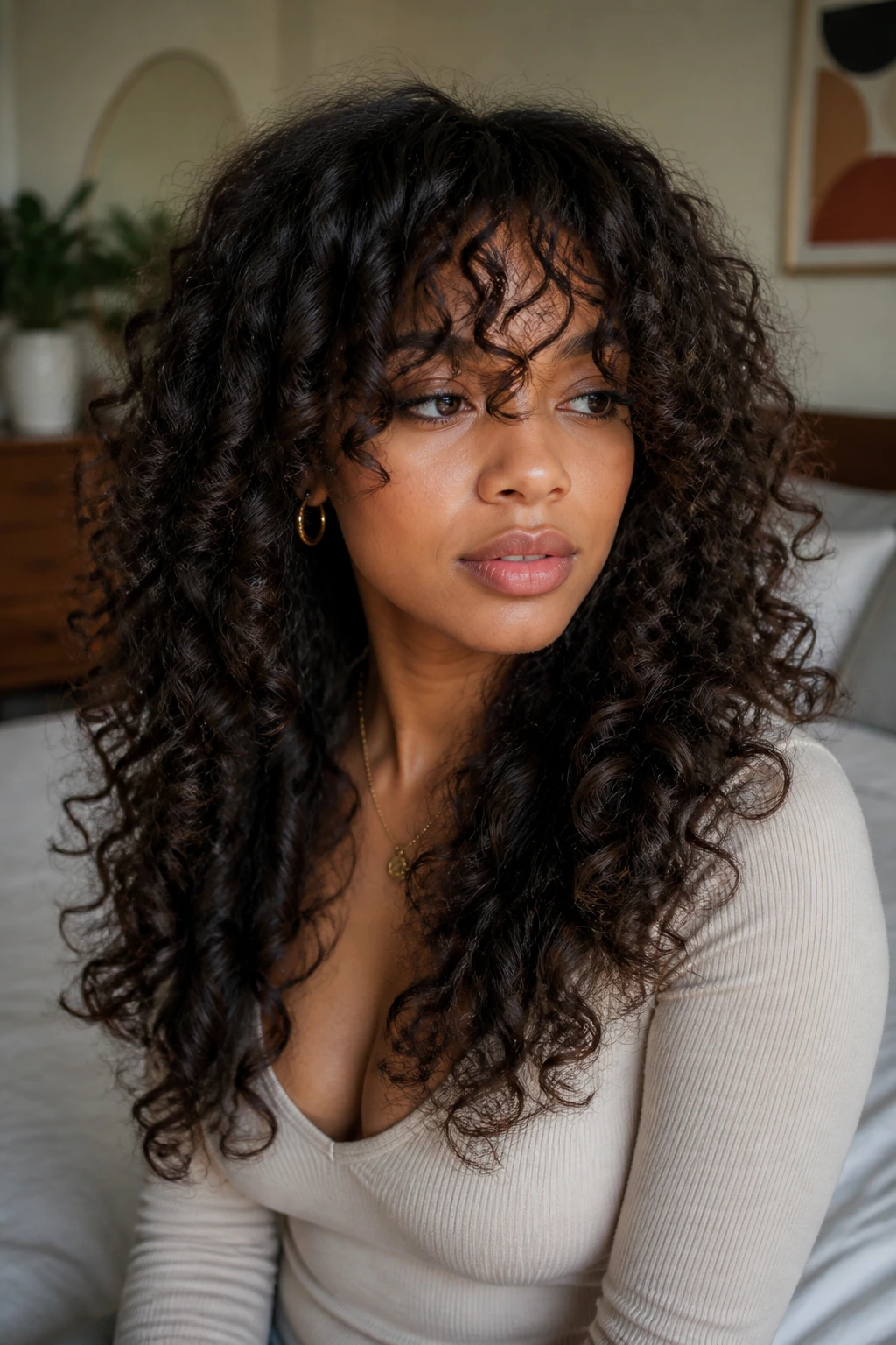 Close-up of curly curtain fringe with cascading layers on a real woman