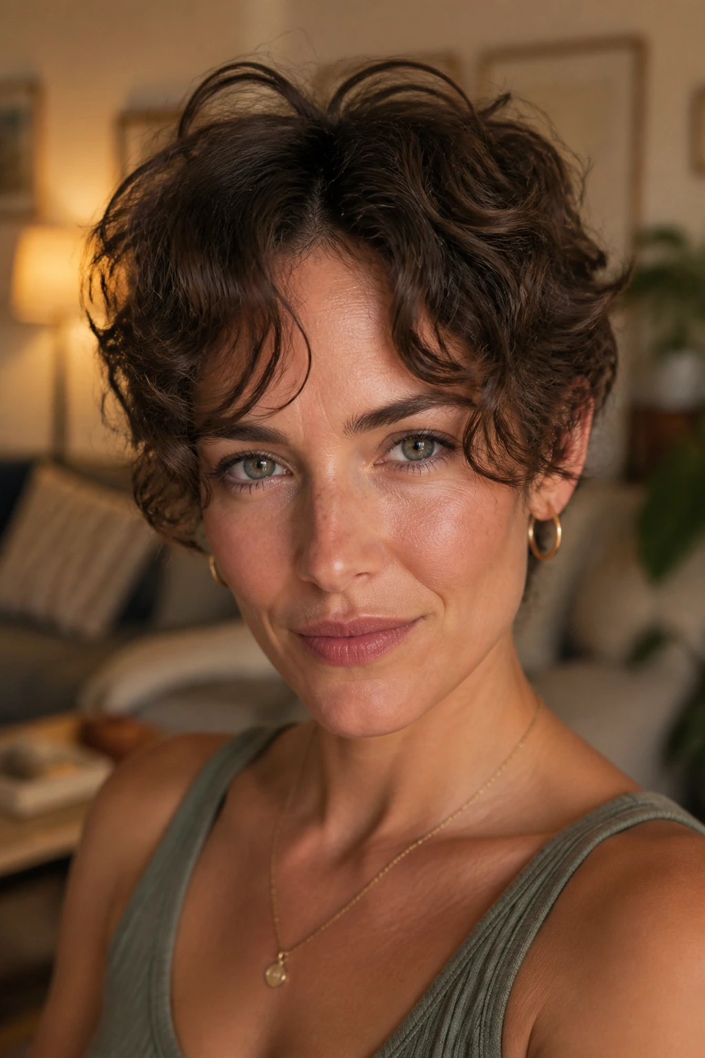 Close-up of a real woman with curly curtain fringe pixie in a cozy living room
