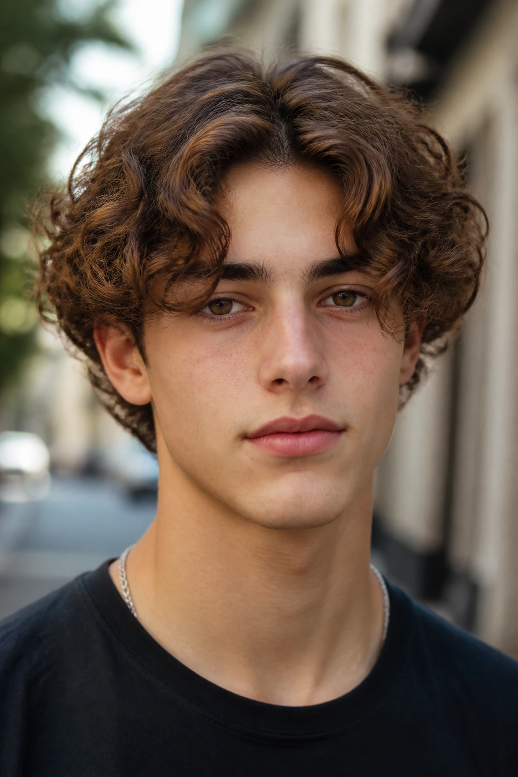 Close-up of curly curtains with a middle part on a boy in daylight