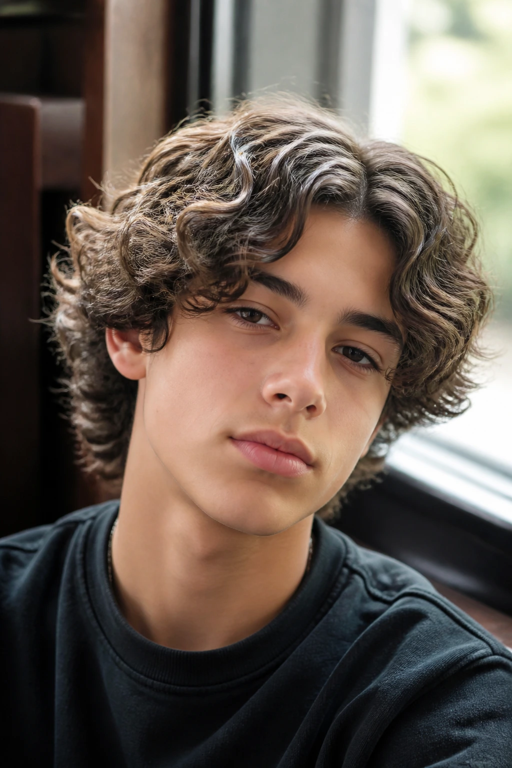 Front portrait of a boy with curly curtains and tapered ends framing the face.