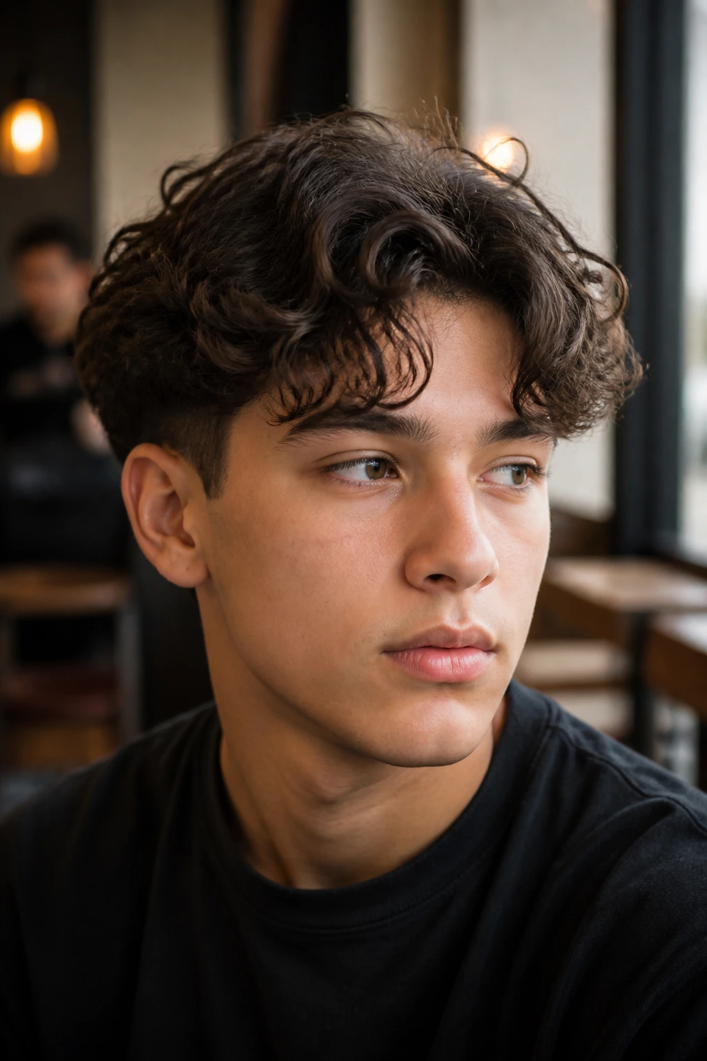Close-up of a real boy with curly curtains and tapered sides
