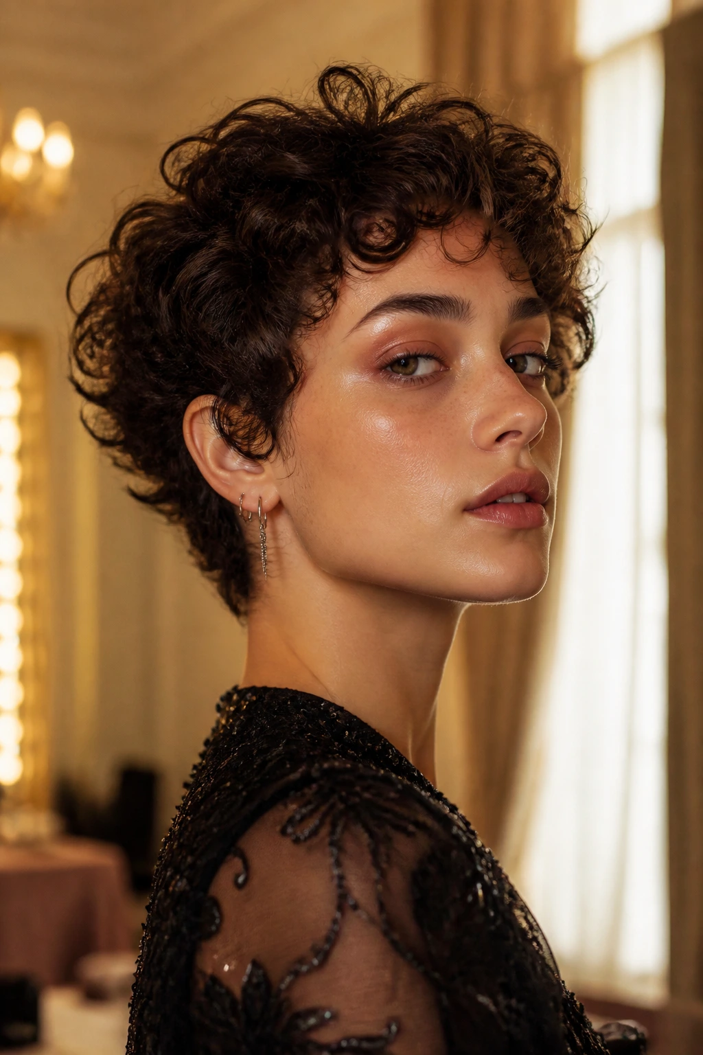 Portrait of a real person with a structured curly cut for a big day
