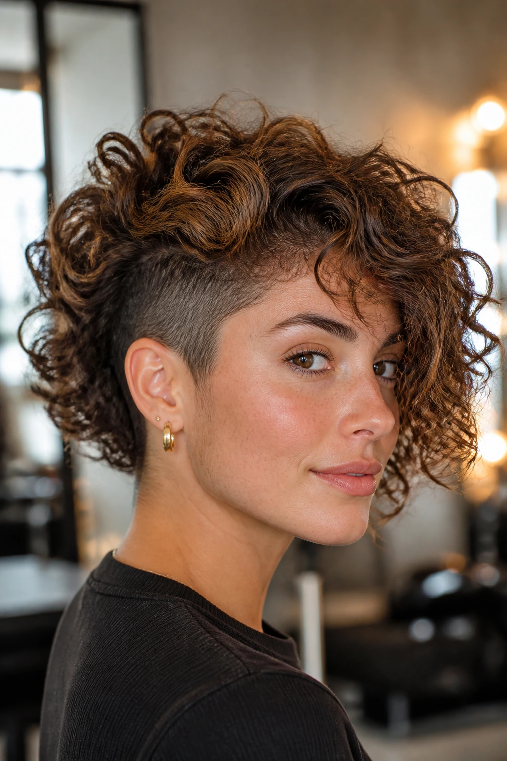 Portrait of real person with curly top and hidden undercut under the curls