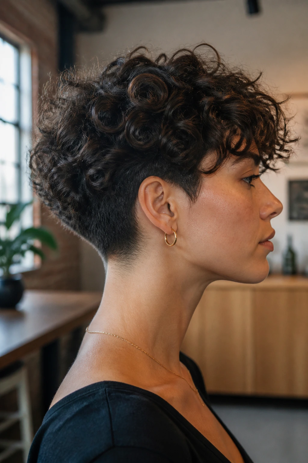 Side-profile close-up of a person with curly top and undercut at the nape