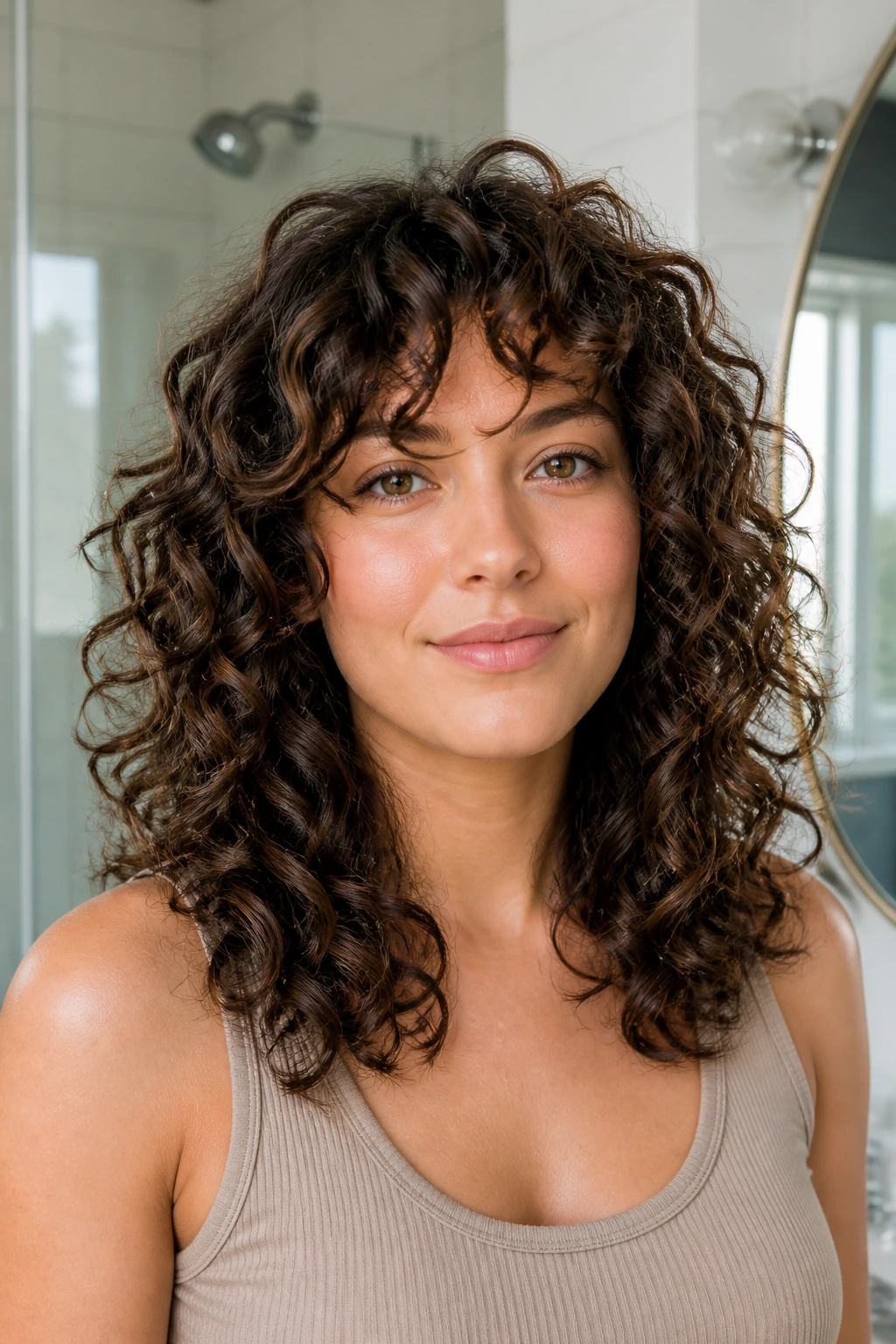 Close-up of a real person with curly Deva layered hair