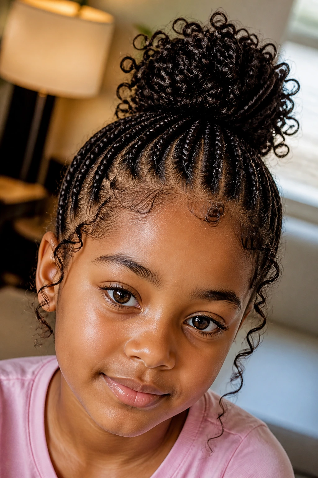 Close-up of a real child with curly ends peeking from the bun.