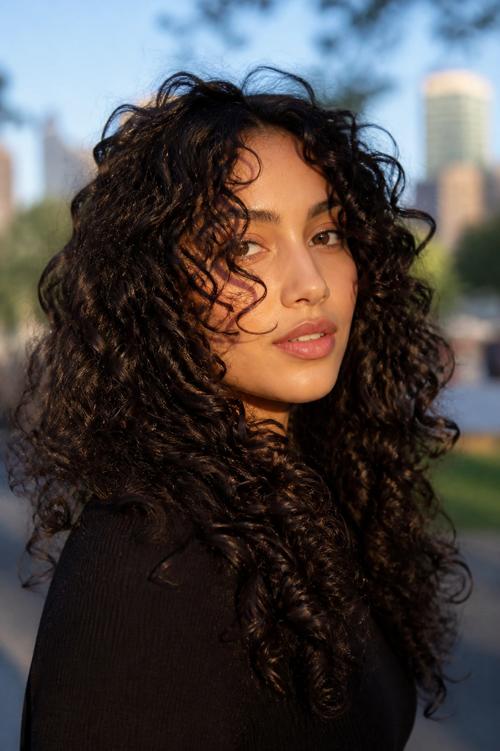 Close-up of a real person with curly face-framing layers following curl pattern