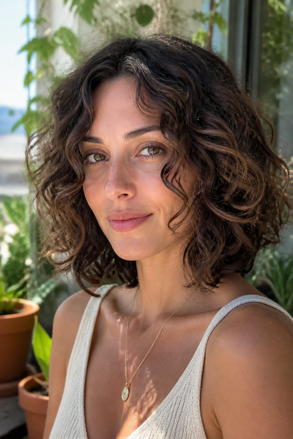 Close-up portrait of a real woman with curly face-framing lob and defined curls around the face.
