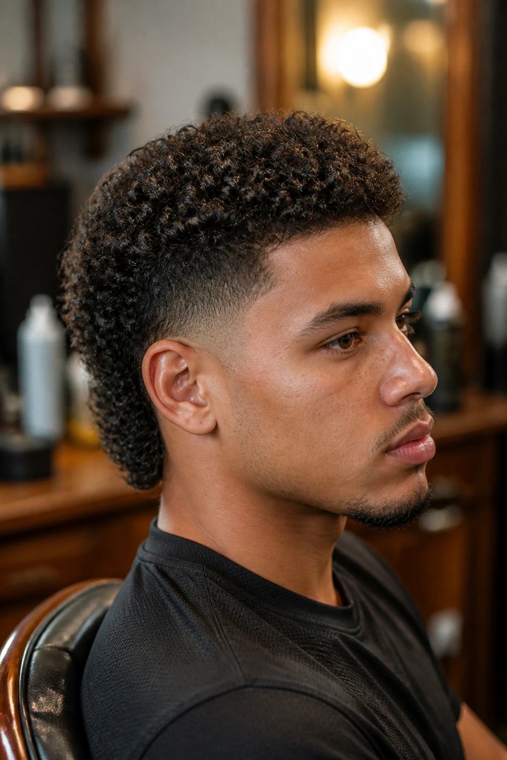 Close-up portrait of a man with curly fade mullet in a barbershop setting.