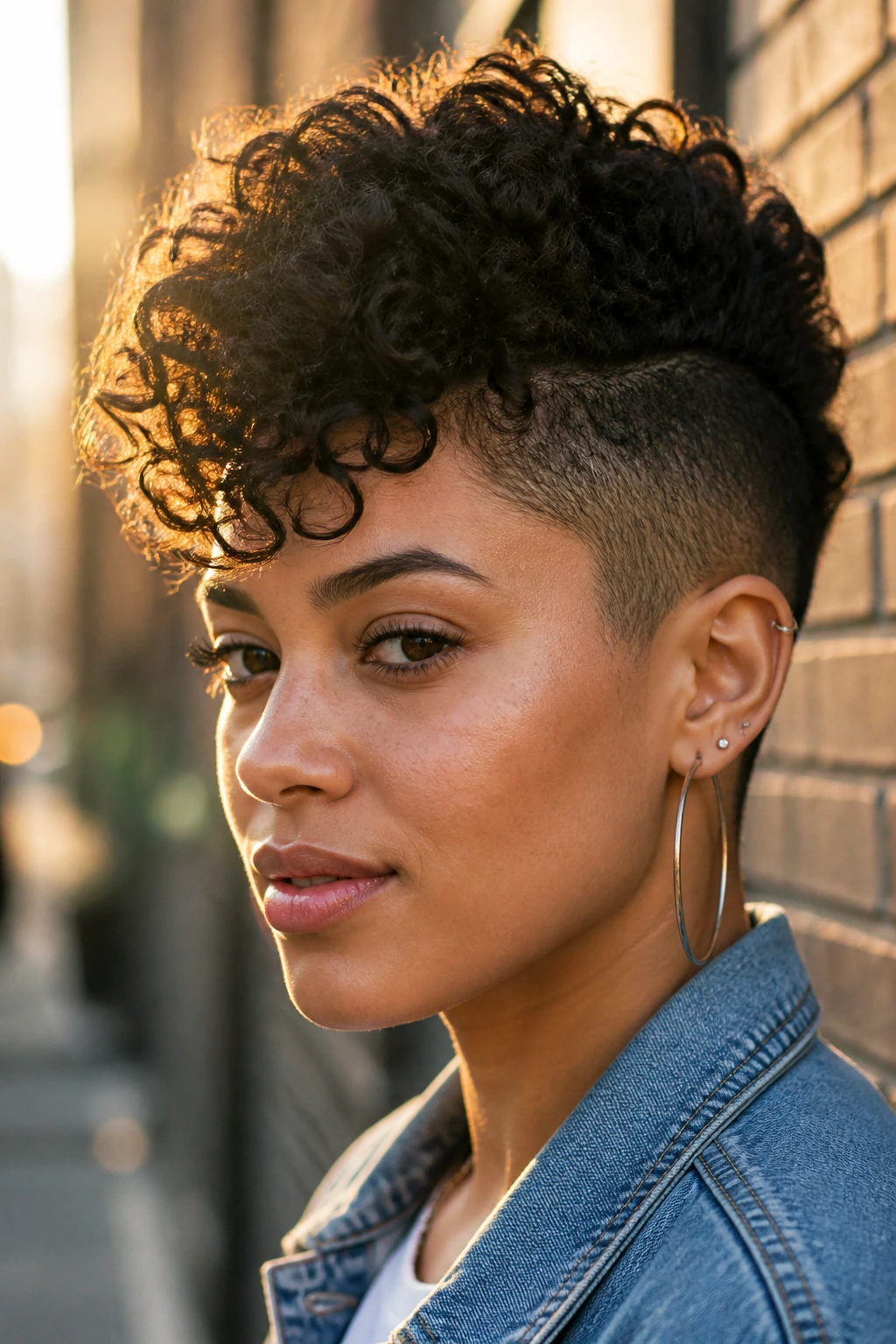 Portrait of a person with a curly faux hawk featuring a central ridge of curls.