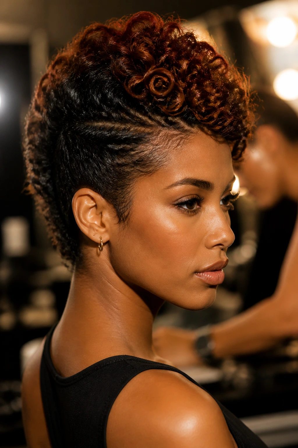 Close-up of real person with curly faux hawk and auburn accents.