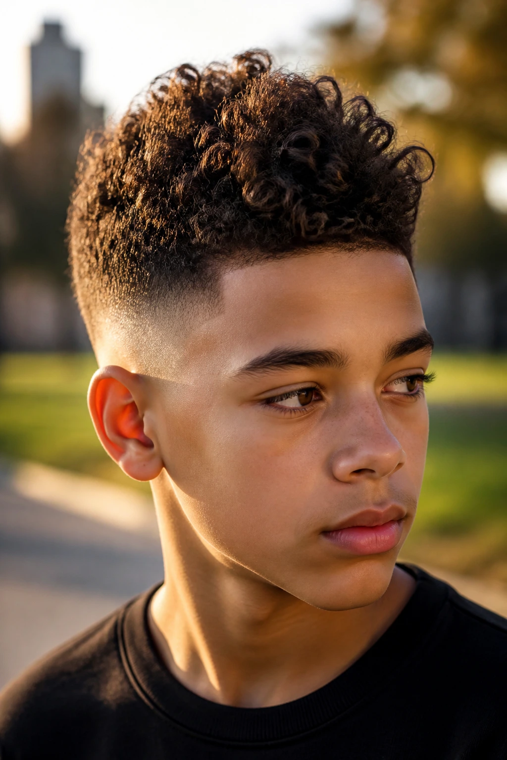 Close-up of a real boy with Curly Faux Hawk hairstyle in golden hour light