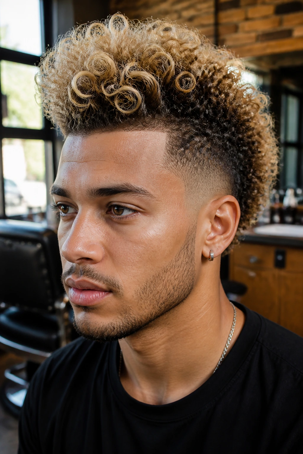 Close-up portrait of a real man with a curly faux hawk crest in creamy blonde, tapered sides
