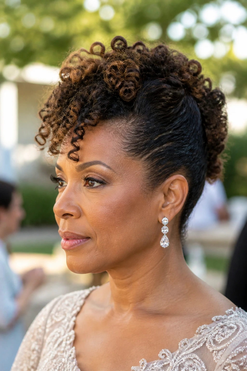 Close-up of a real woman with a curly faux hawk in an outdoor prep setting