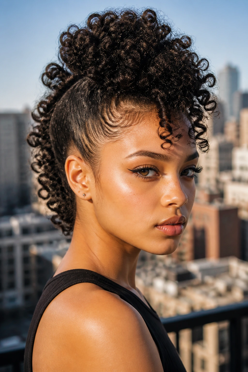 Real person with curly faux hawk and crown volume on urban balcony