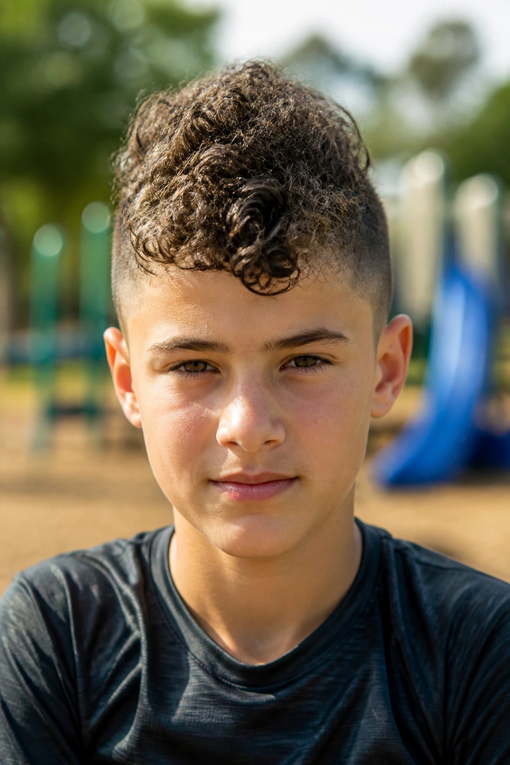 Preteen boy with curly faux hawk, outdoor setting, center ridge visible.