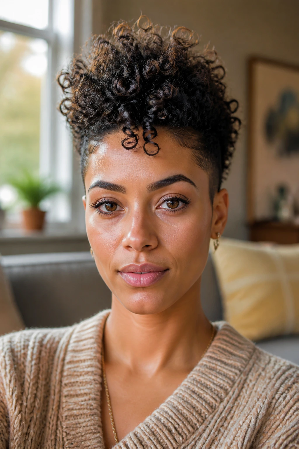 Close-up of a real woman with curly faux hawk and tucked sides.