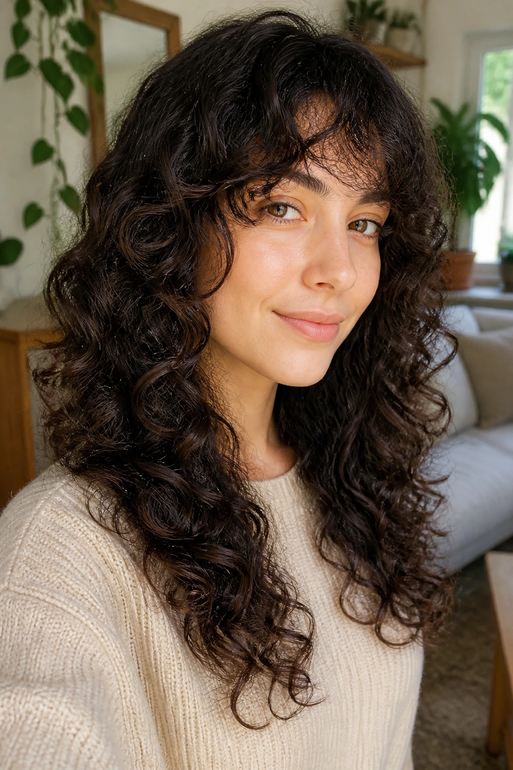 Close-up of a real woman with curly feathered layers that frame the cheeks