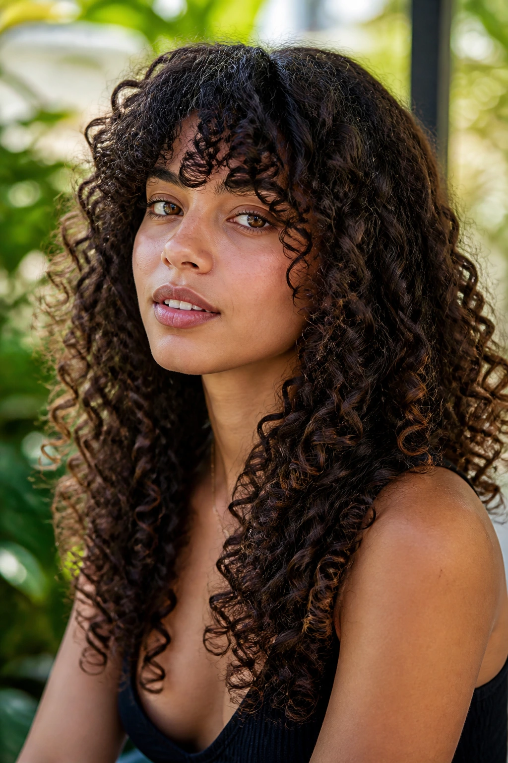 Close-up of a real woman with curl-friendly feathering that respects curl pattern