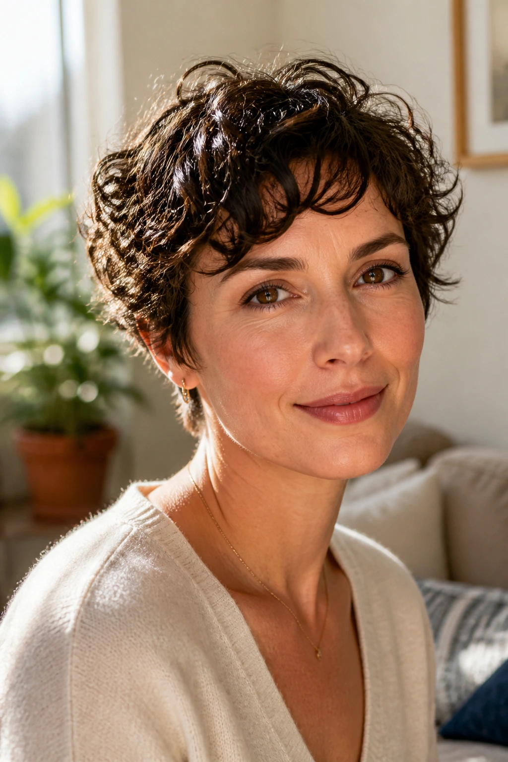 Close-up portrait of a real woman with Curly-Fine Crop with Loose Ringlets hairstyle
