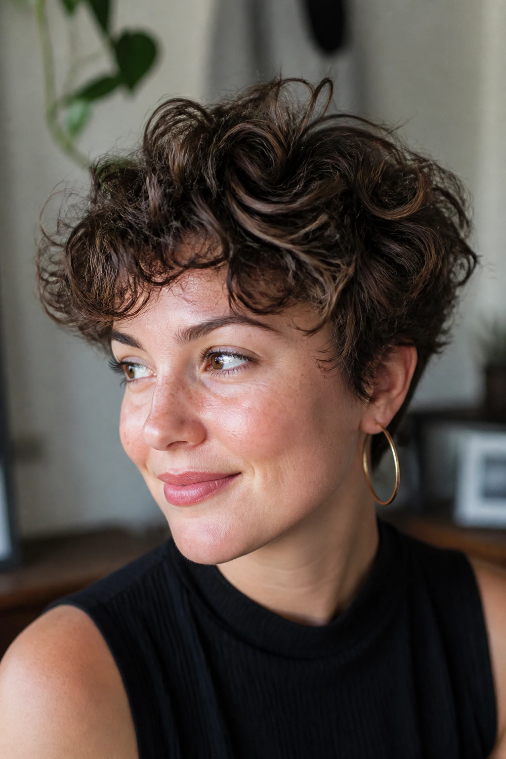 Portrait of a person with a curly-fine short haircut variation