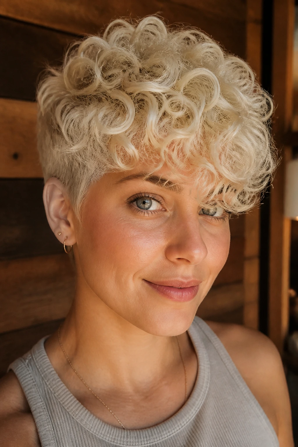 Close-up of person with platinum curly-forward pixie and curls toward face