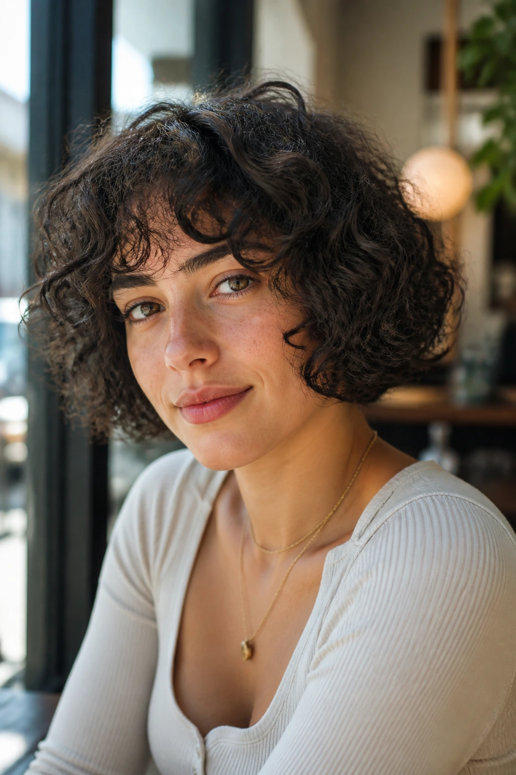 Close-up of a real woman with a jaw-length curly bob glowing in warm cafe light.