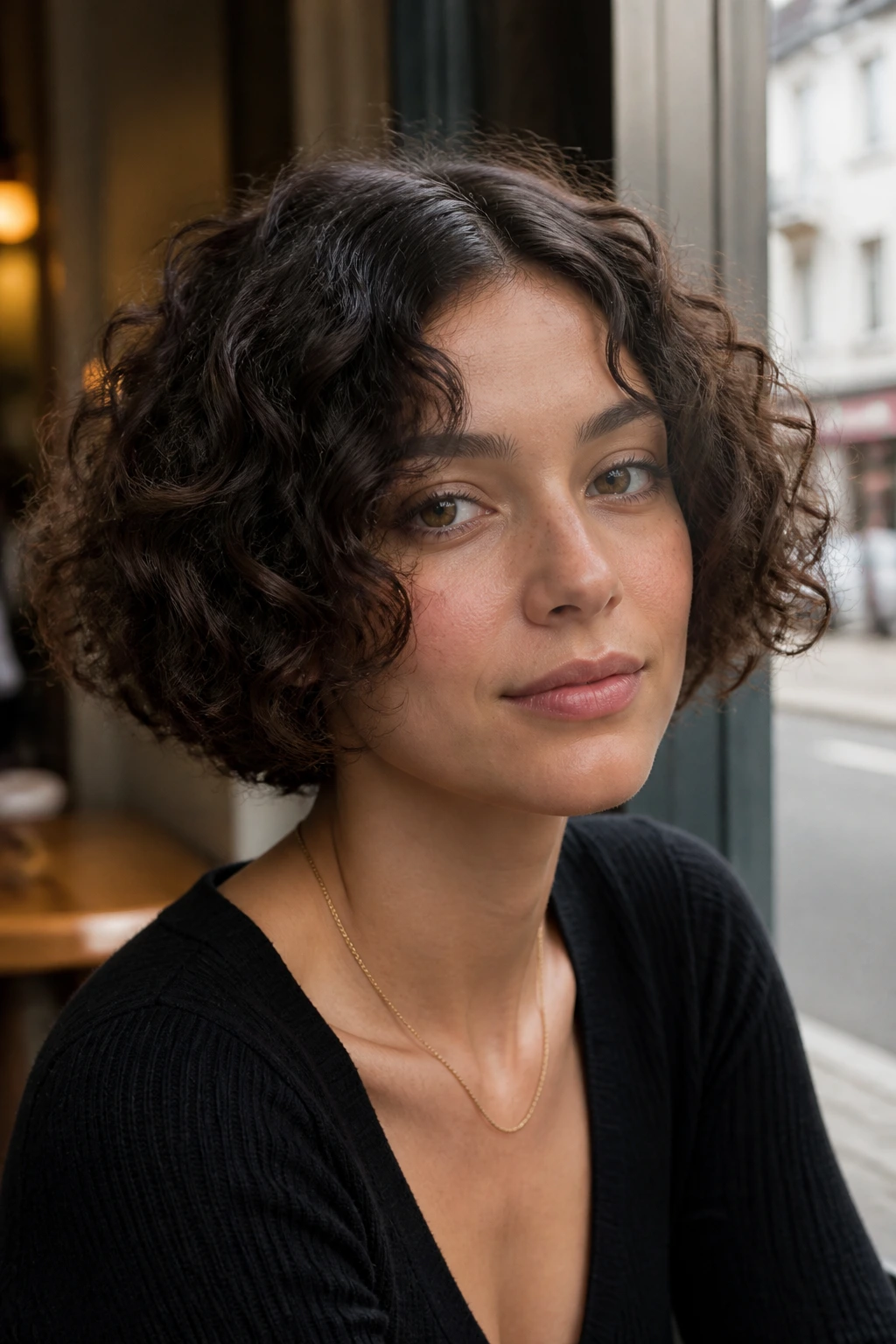 Portrait of a woman with curly French bob in a cafe window light.