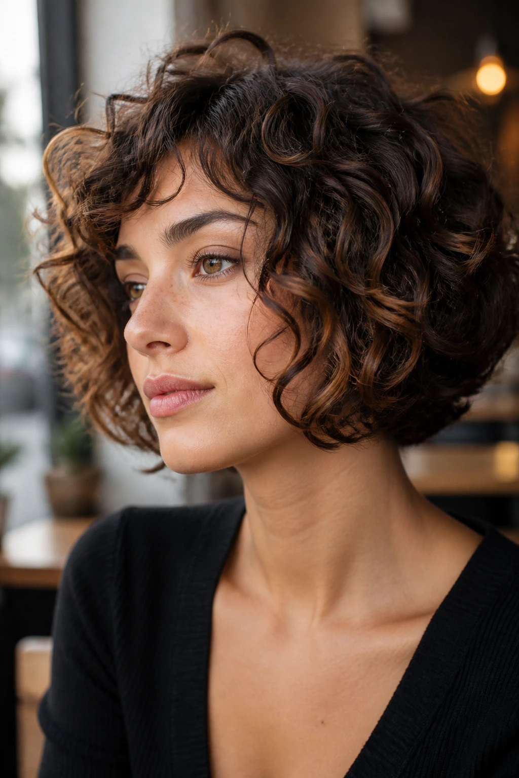 Close-up of a jaw-length curly French bob with chestnut lowlights on a real person