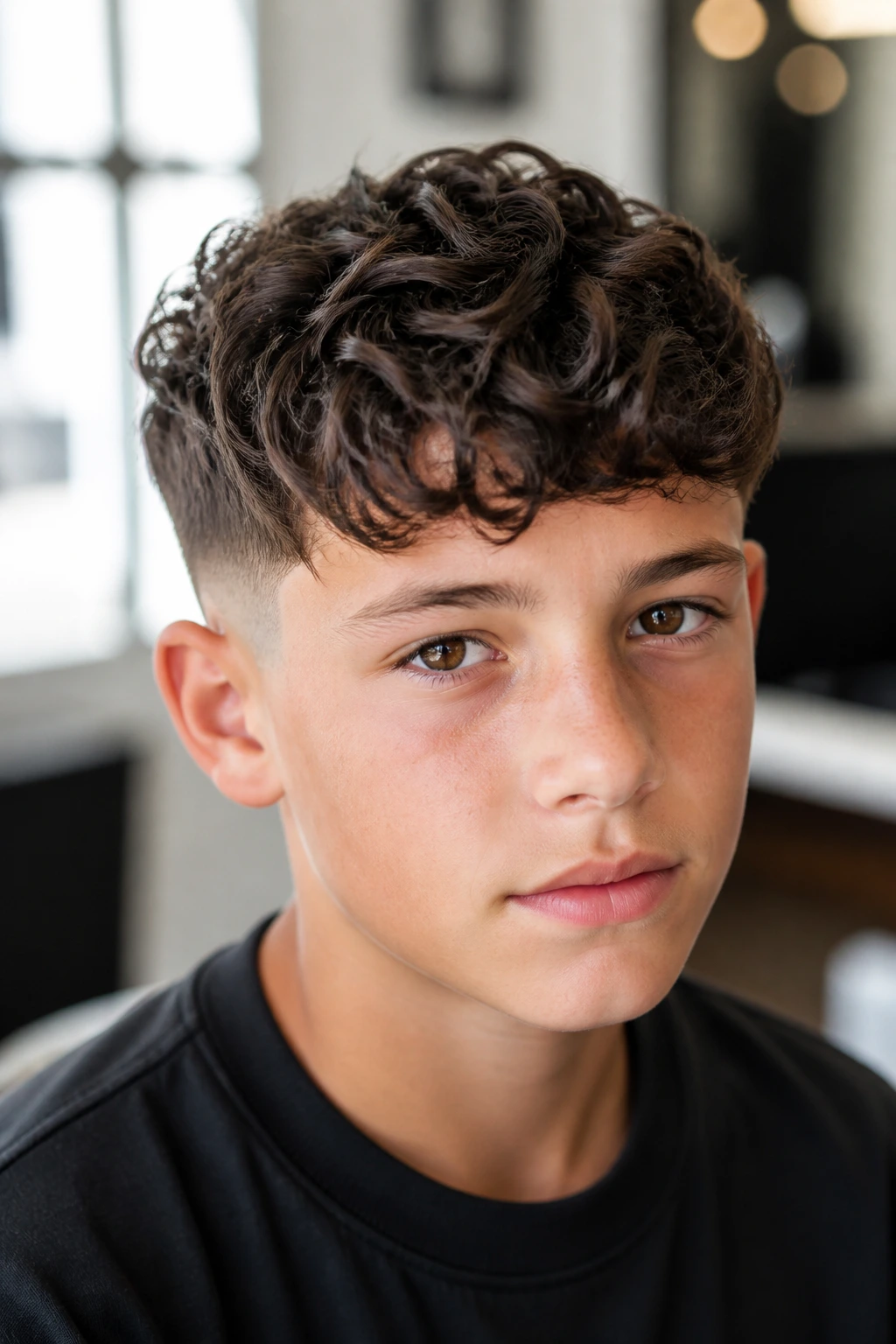 Real boy with curly French crop fringe and short sides portrait
