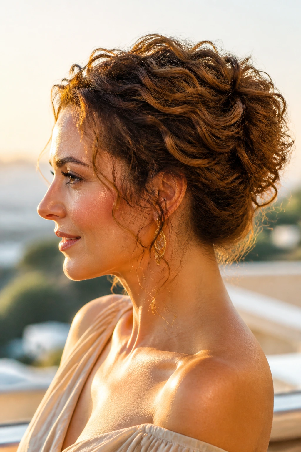 Profile portrait of a woman with a curly French twist and soft tendrils.