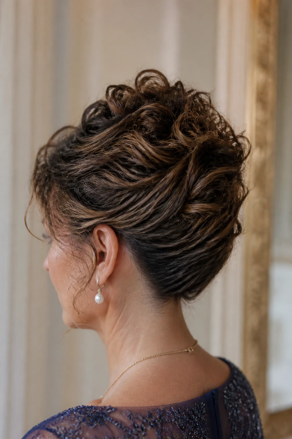Close-up of a real woman with a curly French twist at the neck