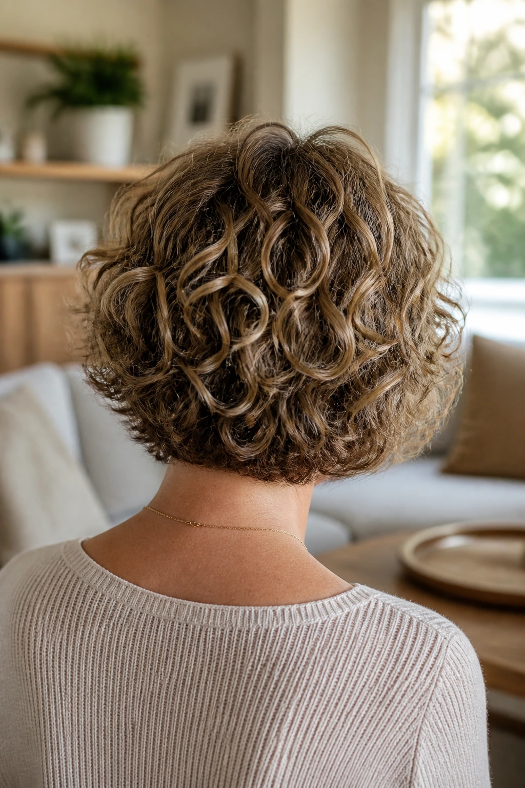 Back view of a real woman with curly-friendly bob and diffused back lift