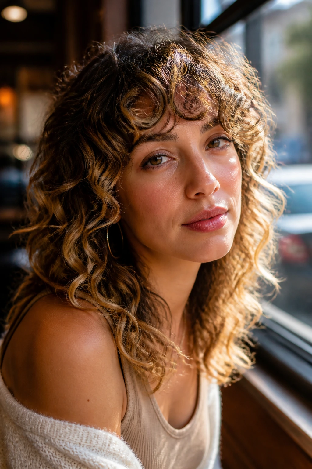 Real woman with curly fringe and sunlit balayage in a warm-lit cafe setting