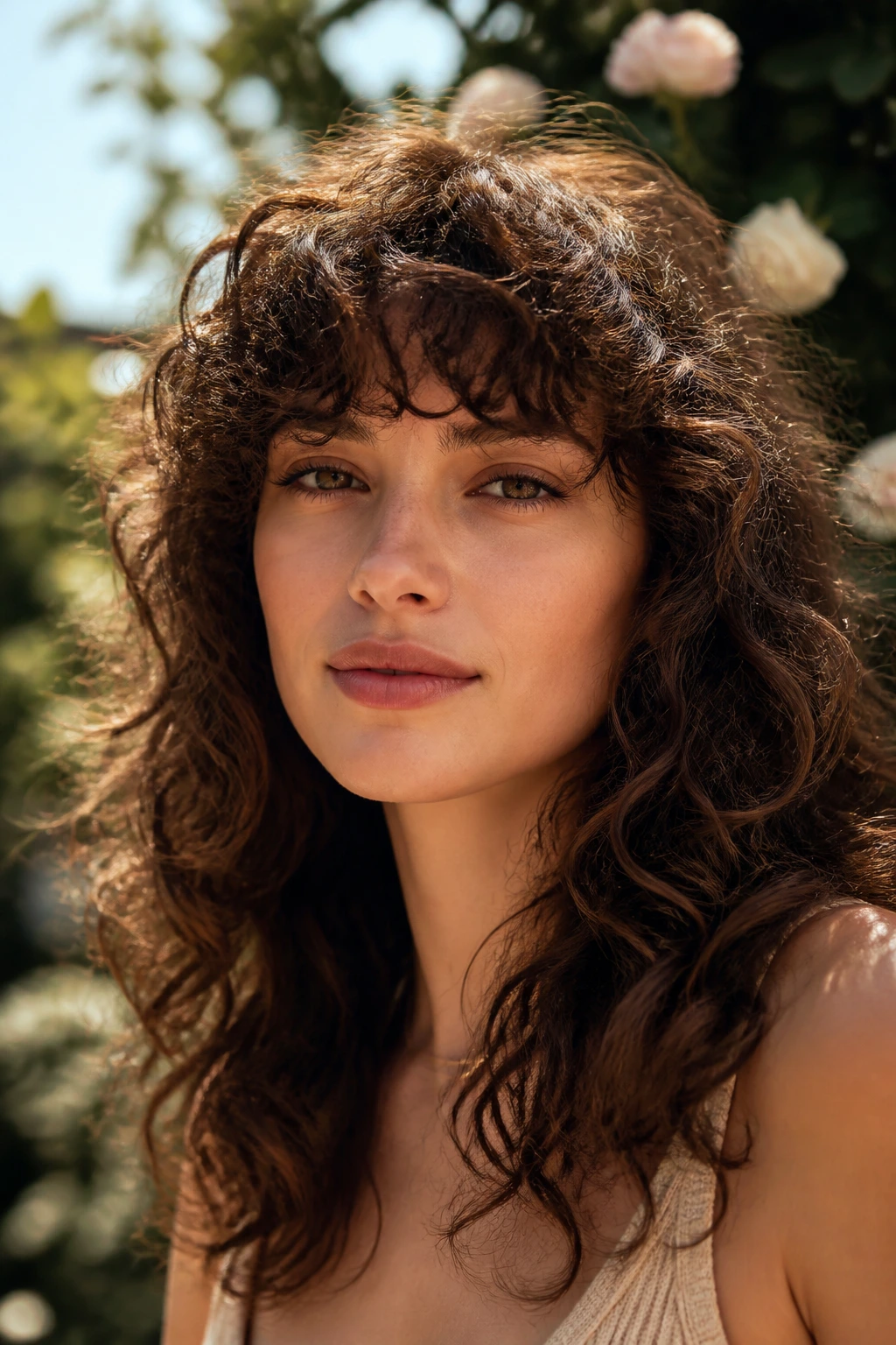 Close-up portrait of a real woman with curly thick fringe in warm outdoor light