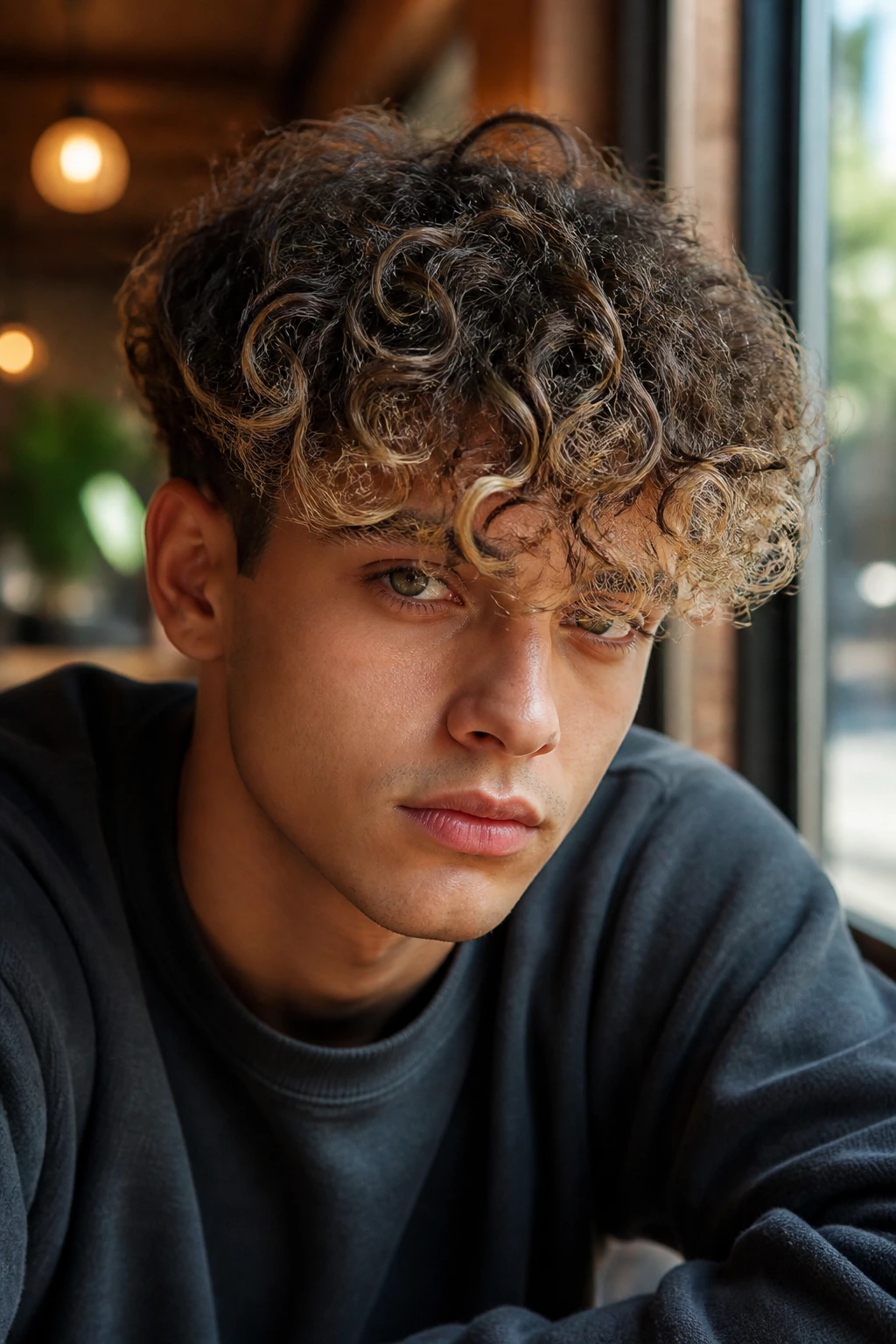 Portrait of a person with soft curly fringe and beige blonde ends