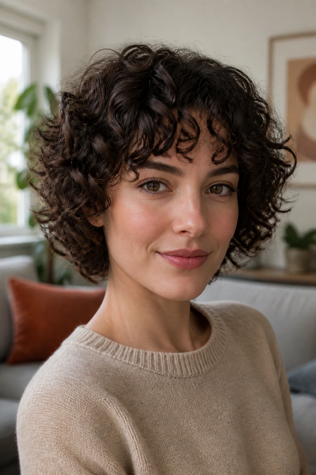 Close-up portrait of a real person with curly hair and fringe in warm window light