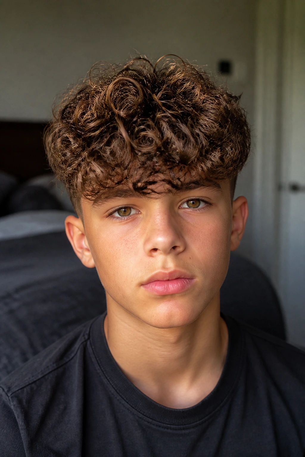 Front-facing portrait of a boy with curly fringe crop and brow-length fringe
