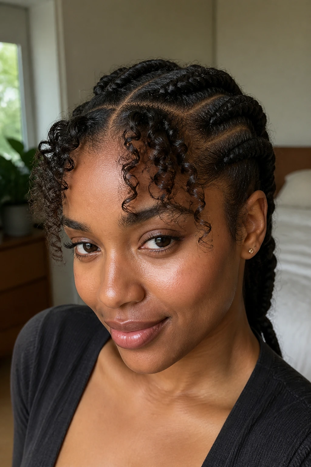Close-up of a real woman with curly fringe and open hairline Dutch braids.