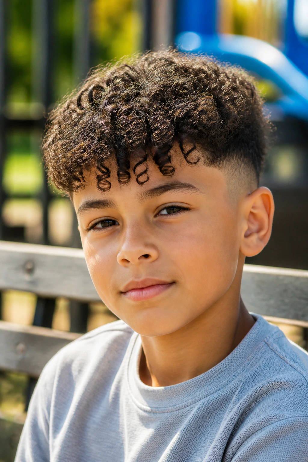 Close-up of a real child with curly fringe and low taper fade