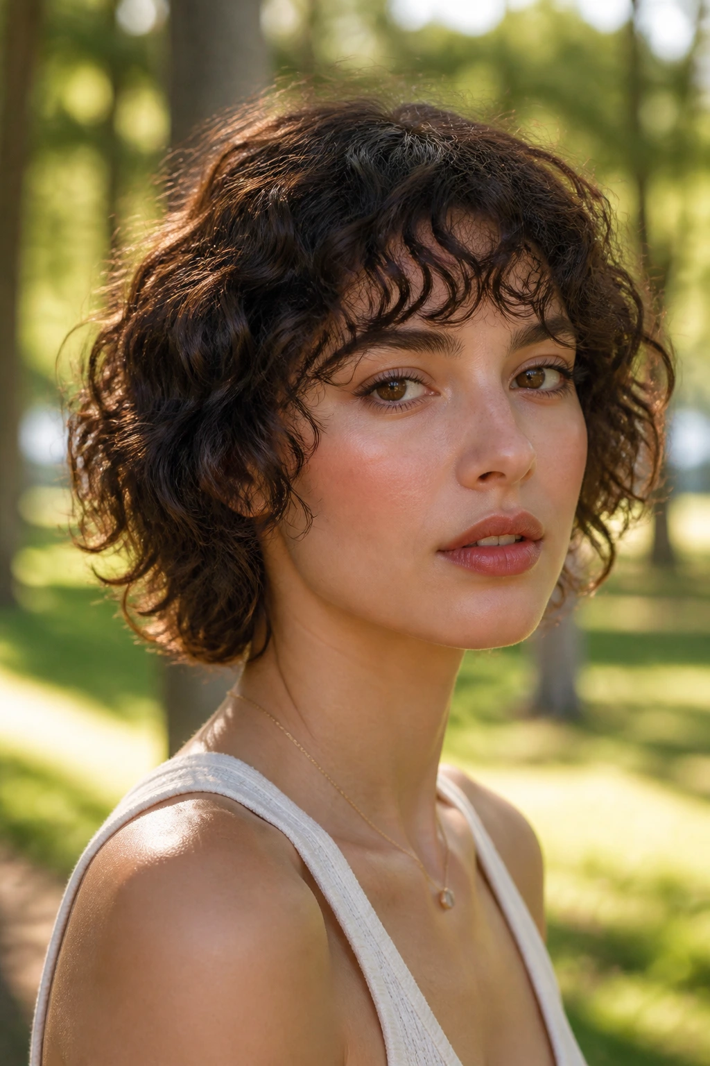 Real person with curly fringe and open forehead space.