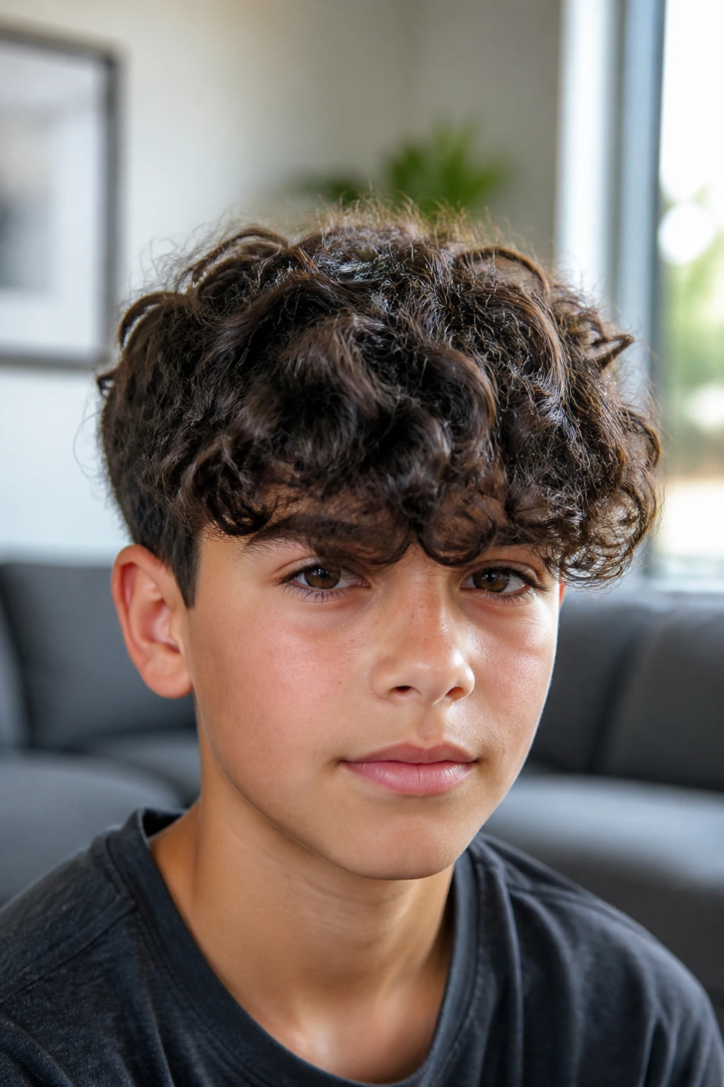 Close-up of a preteen boy with a forward-curved curly fringe
