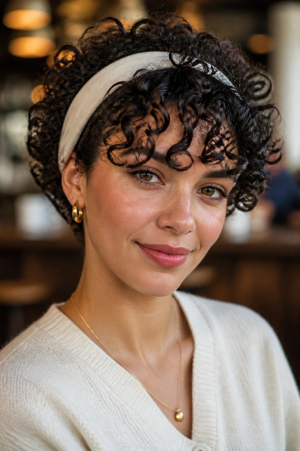 Portrait of a person with curly fringe framed by a headband