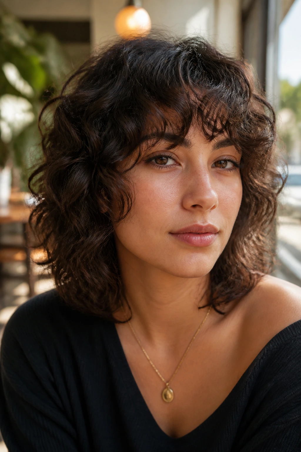 Close-up of a real woman with curly fringe lob and soft perimeter.