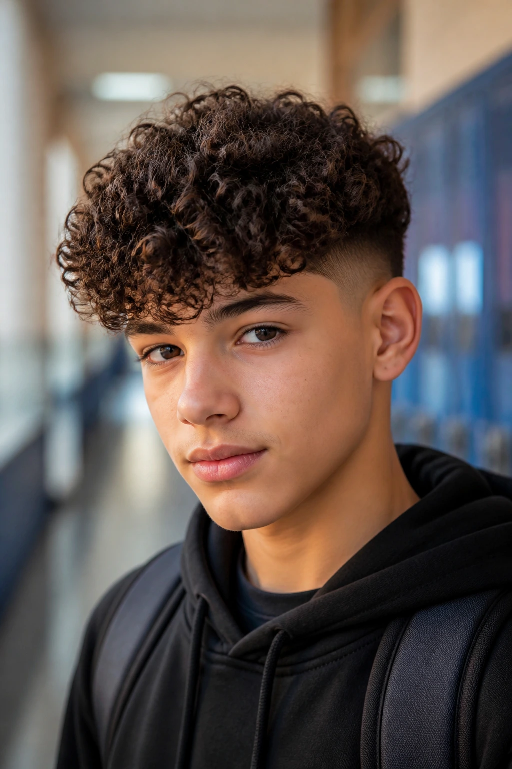 Portrait of a real boy with curly fringe and mid fade in a classroom.
