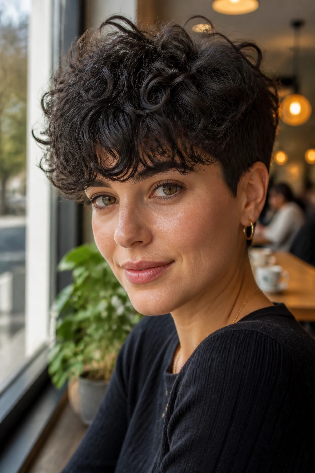 Portrait of a real woman with curly fringe pixie hairstyle by a cafe window