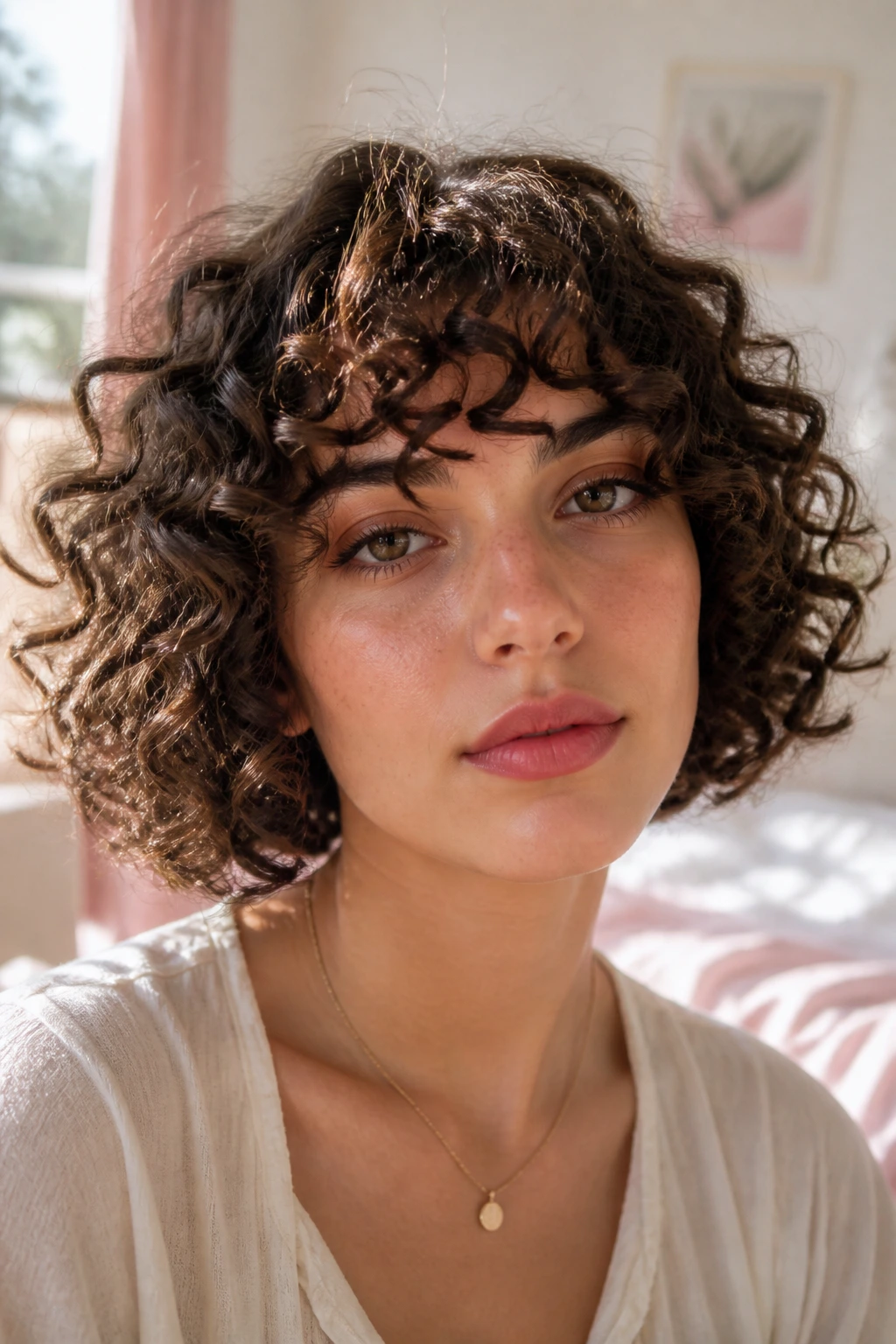 Close-up of a woman with curly fringe framing the eyes, bob-length hair