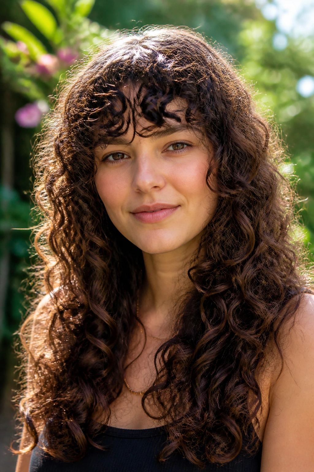 Close-up of a real woman with curly choppy fringe for round faces in sunlit garden