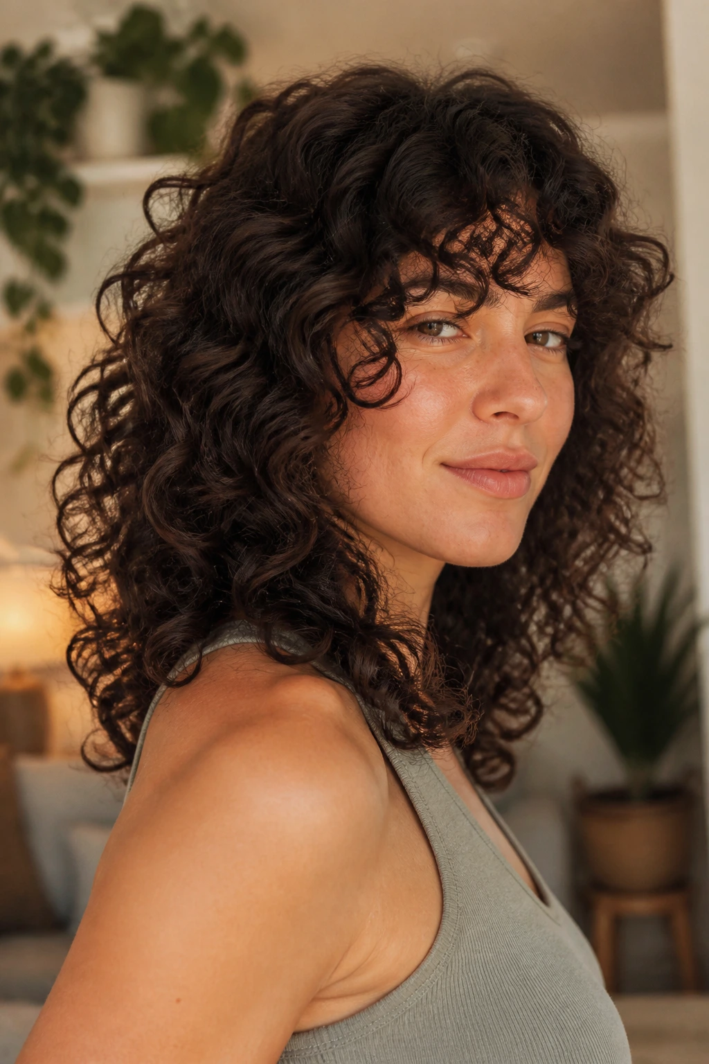 Medium close-up of a real person with versatile curly fringe showing shape-shifting ideas