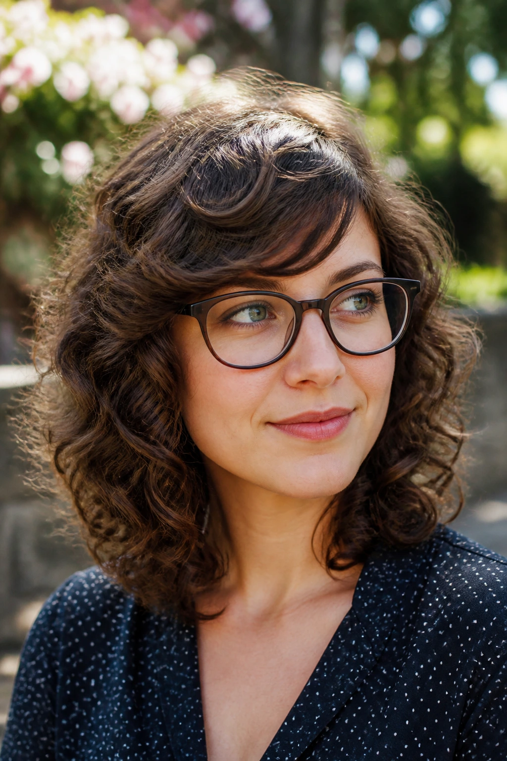 Real woman with curly shoulder-length cut and side-bent fringe in garden light